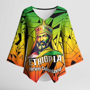 Menelik II Kimono Sleeve Blouse with Crowned Portrait, Ethiopia Never Colonized Text and Pan-African Abstract - African Pride