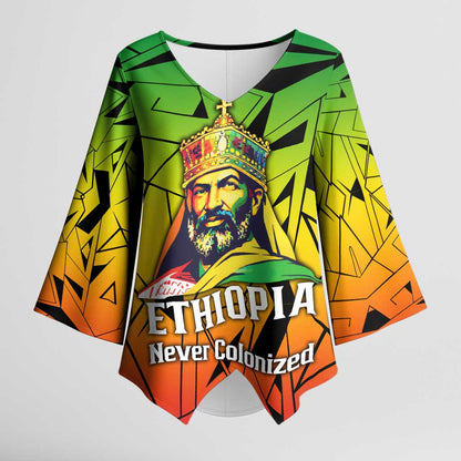 Menelik II Kimono Sleeve Blouse with Crowned Portrait, Ethiopia Never Colonized Text and Pan-African Abstract - African Pride