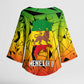 Menelik II Kimono Sleeve Blouse with Crowned Portrait, Ethiopia Never Colonized Text and Pan-African Abstract - African Pride