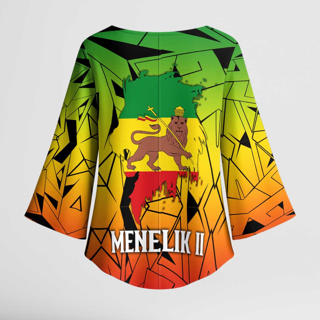 Menelik II Kimono Sleeve Blouse with Crowned Portrait, Ethiopia Never Colonized Text and Pan-African Abstract - African Pride