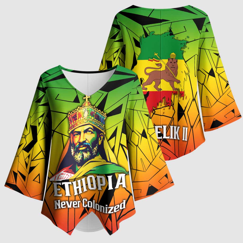 Menelik II Kimono Sleeve Blouse with Crowned Portrait, Ethiopia Never Colonized Text and Pan-African Abstract - African Pride
