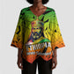 Menelik II Kimono Sleeve Blouse with Crowned Portrait, Ethiopia Never Colonized Text and Pan-African Abstract - African Pride