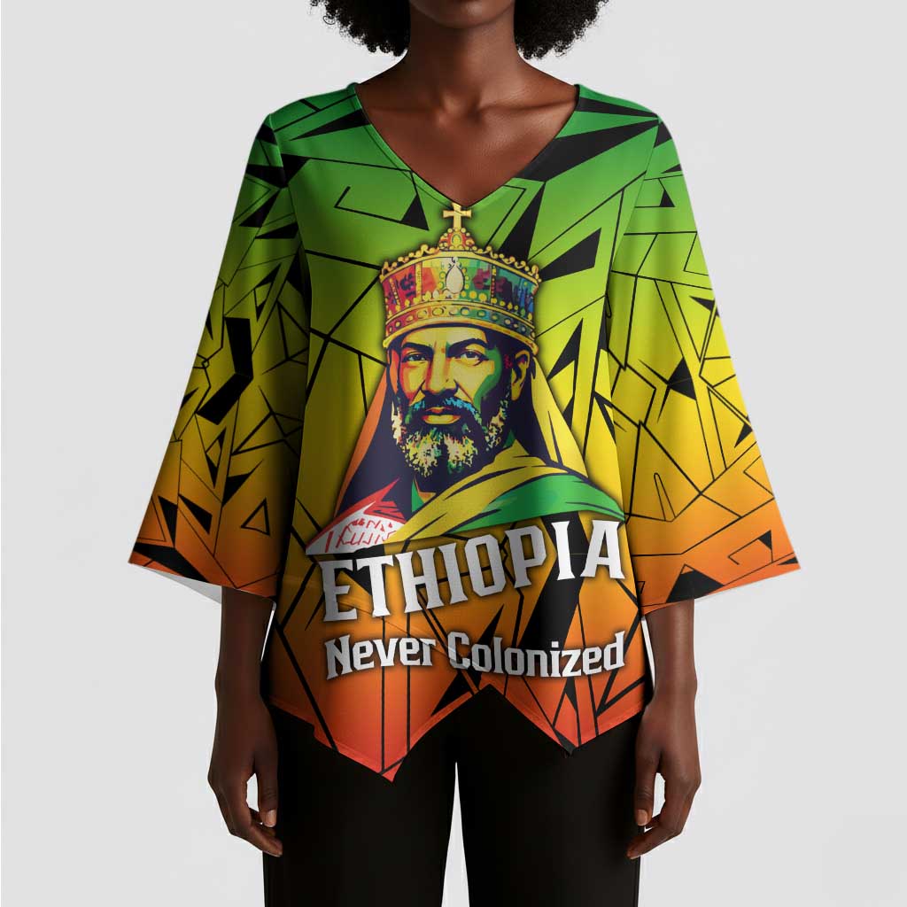 Menelik II Kimono Sleeve Blouse with Crowned Portrait, Ethiopia Never Colonized Text and Pan-African Abstract - African Pride