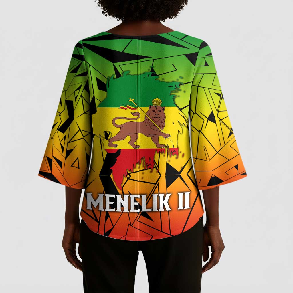 Menelik II Kimono Sleeve Blouse with Crowned Portrait, Ethiopia Never Colonized Text and Pan-African Abstract - African Pride