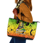 Menelik II Leather Tote Bag with Crowned Portrait, Ethiopia Never Colonized Text and Pan-African Abstract - African Pride