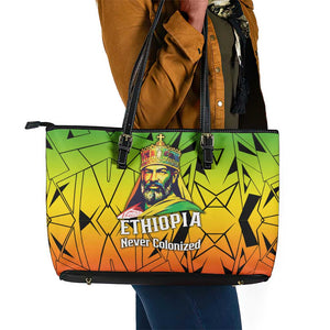 Menelik II Leather Tote Bag with Crowned Portrait, Ethiopia Never Colonized Text and Pan-African Abstract - African Pride
