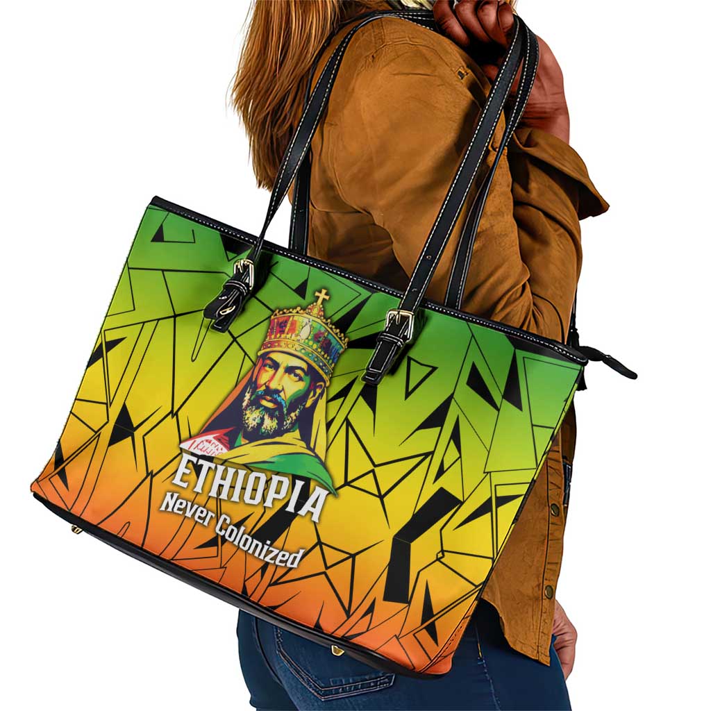 Menelik II Leather Tote Bag with Crowned Portrait, Ethiopia Never Colonized Text and Pan-African Abstract - African Pride