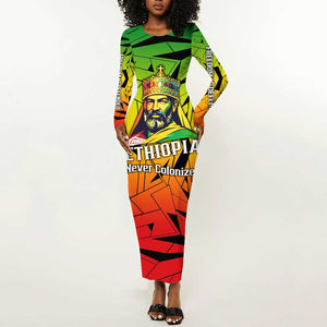 Menelik II Long Sleeve Bodycon Dress with Crowned Portrait, Ethiopia Never Colonized Text and Pan-African Abstract - African Pride