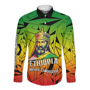 Menelik II Long Sleeve Button Shirt with Crowned Portrait, Ethiopia Never Colonized Text and Pan-African Abstract - African Pride