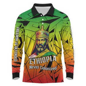 Menelik II Long Sleeve Polo Shirt with Crowned Portrait, Ethiopia Never Colonized Text and Pan-African Abstract - African Pride