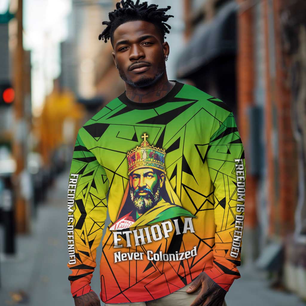 Menelik II Long Sleeve Shirt with Crowned Portrait, Ethiopia Never Colonized Text and Pan-African Abstract - African Pride