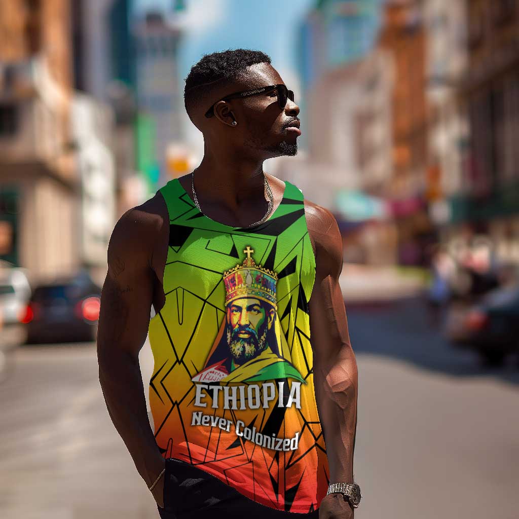 Menelik II Men Tank Top with Crowned Portrait, Ethiopia Never Colonized Text and Pan-African Abstract - African Pride