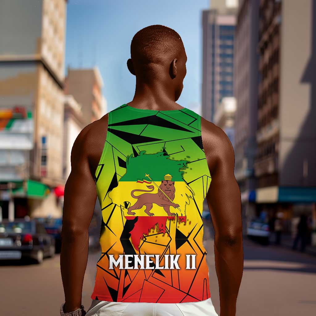 Menelik II Men Tank Top with Crowned Portrait, Ethiopia Never Colonized Text and Pan-African Abstract - African Pride