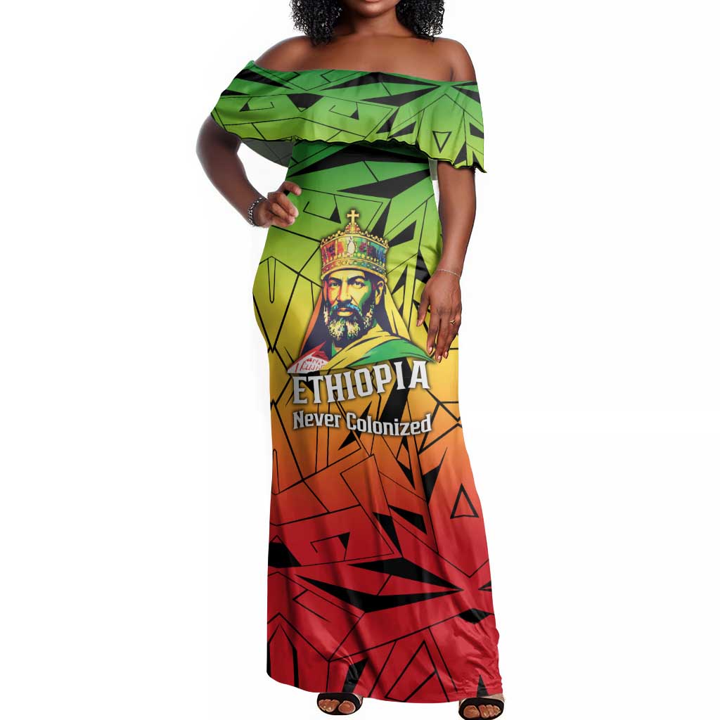 Menelik II Off Shoulder Maxi Dress with Crowned Portrait, Ethiopia Never Colonized Text and Pan-African Abstract - African Pride