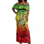 Menelik II Off Shoulder Maxi Dress with Crowned Portrait, Ethiopia Never Colonized Text and Pan-African Abstract - African Pride