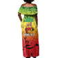 Menelik II Off Shoulder Maxi Dress with Crowned Portrait, Ethiopia Never Colonized Text and Pan-African Abstract - African Pride