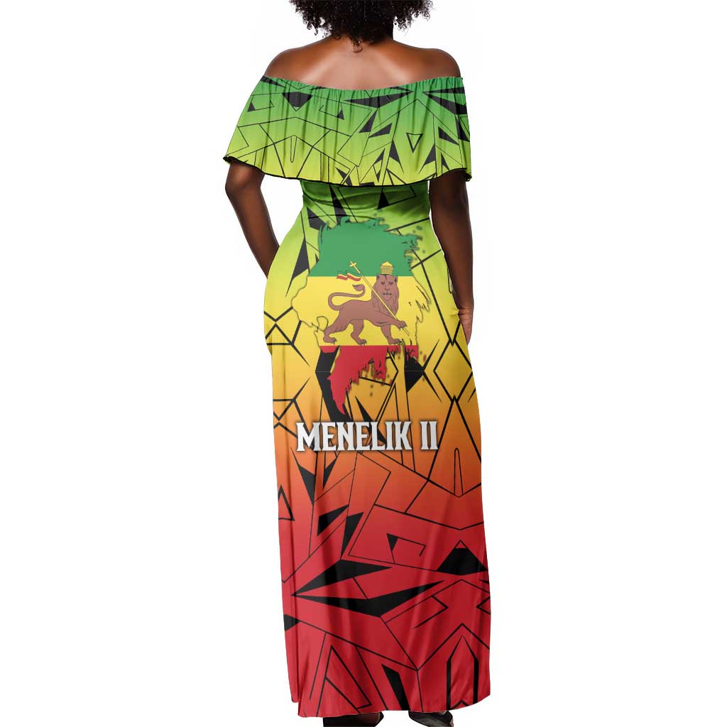 Menelik II Off Shoulder Maxi Dress with Crowned Portrait, Ethiopia Never Colonized Text and Pan-African Abstract - African Pride