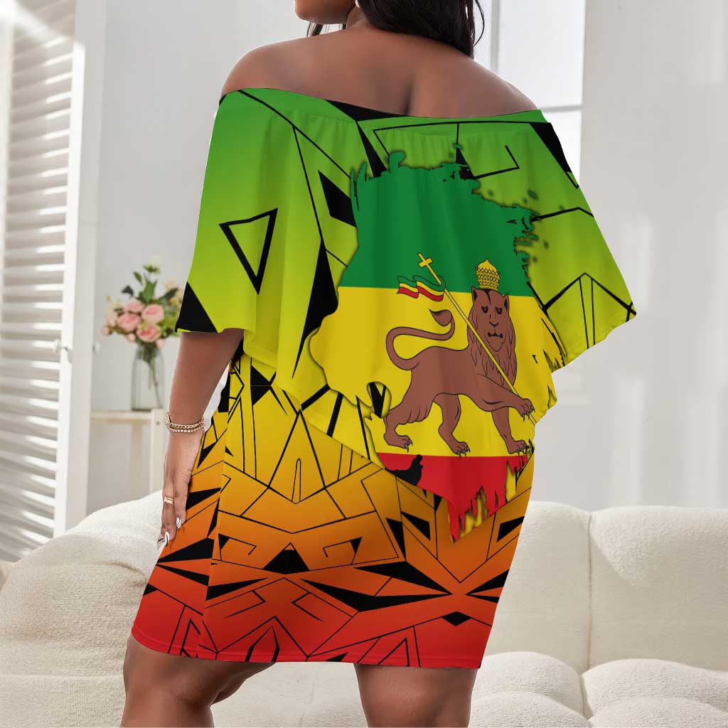 Menelik II Off Shoulder Short Dress with Crowned Portrait, Ethiopia Never Colonized Text and Pan-African Abstract - African Pride
