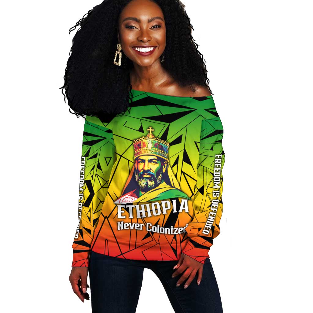 Menelik II Off Shoulder Sweater with Crowned Portrait, Ethiopia Never Colonized Text and Pan-African Abstract - African Pride
