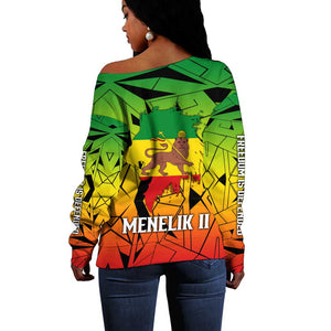 Menelik II Off Shoulder Sweater with Crowned Portrait, Ethiopia Never Colonized Text and Pan-African Abstract - African Pride