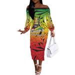 Menelik II Off The Shoulder Long Sleeve Dress with Crowned Portrait, Ethiopia Never Colonized Text and Pan-African Abstract - African Pride
