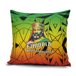 Menelik II Pillow Cover with Crowned Portrait, Ethiopia Never Colonized Text and Pan-African Abstract - African Pride