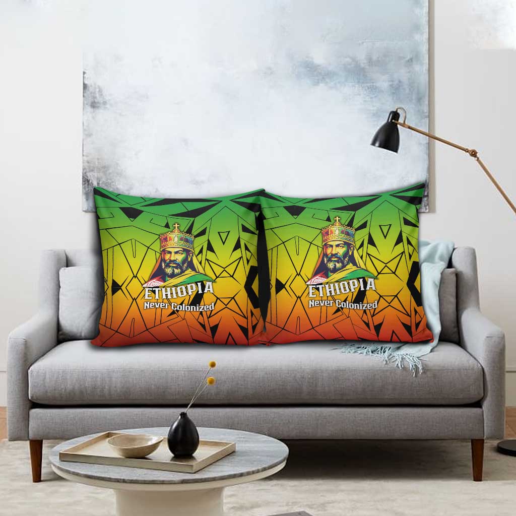 Menelik II Pillow Cover with Crowned Portrait, Ethiopia Never Colonized Text and Pan-African Abstract - African Pride