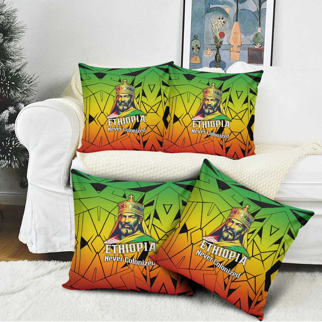 Menelik II Pillow Cover with Crowned Portrait, Ethiopia Never Colonized Text and Pan-African Abstract - African Pride