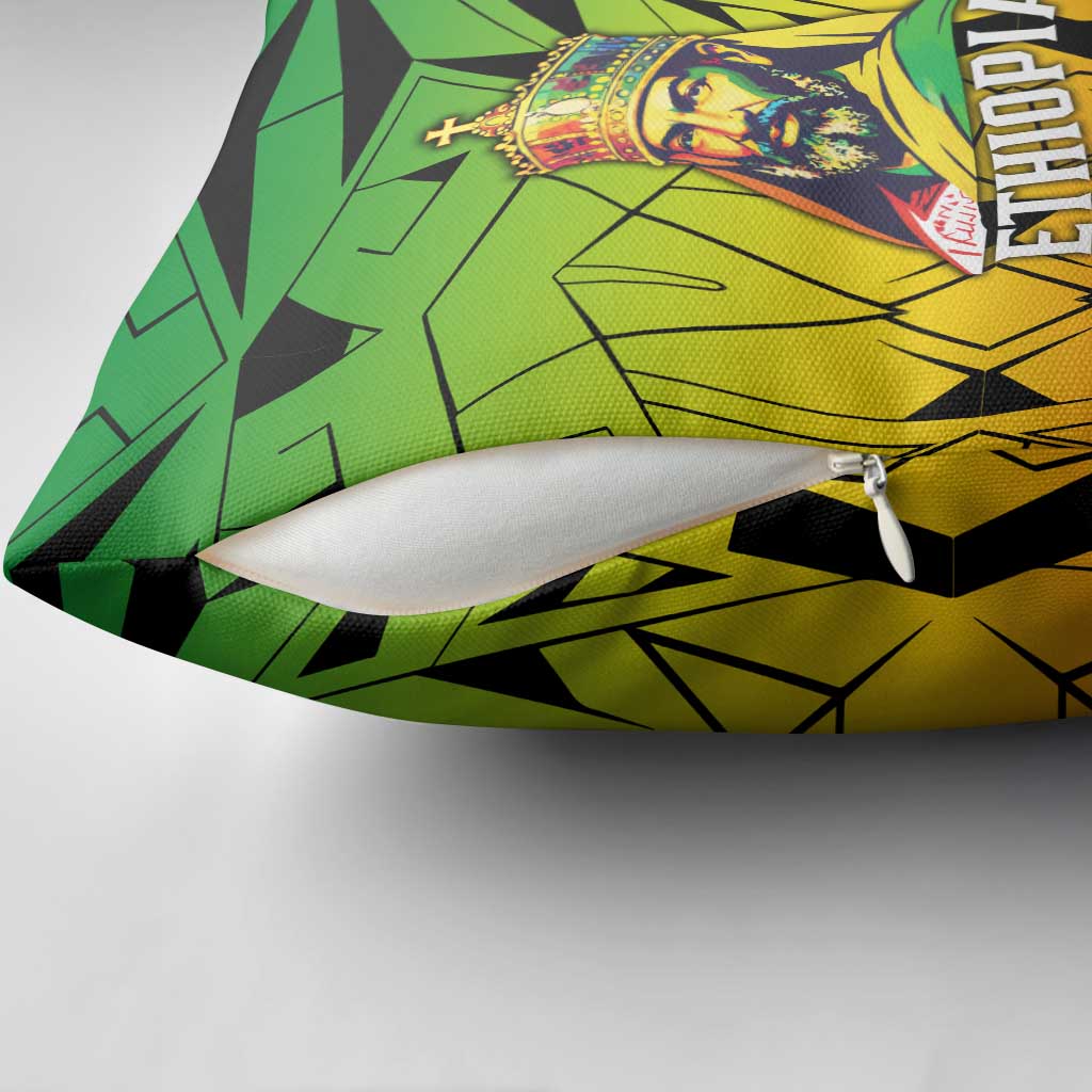 Menelik II Pillow Cover with Crowned Portrait, Ethiopia Never Colonized Text and Pan-African Abstract - African Pride
