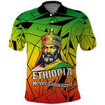 Menelik II Polo Shirt with Crowned Portrait, Ethiopia Never Colonized Text and Pan-African Abstract - African Pride