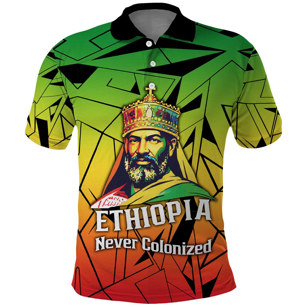 Menelik II Polo Shirt with Crowned Portrait, Ethiopia Never Colonized Text and Pan-African Abstract - African Pride