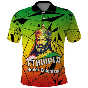 Menelik II Polo Shirt with Crowned Portrait, Ethiopia Never Colonized Text and Pan-African Abstract - African Pride