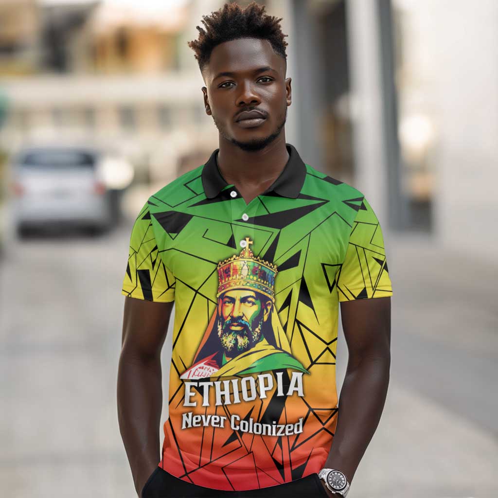 Menelik II Polo Shirt with Crowned Portrait, Ethiopia Never Colonized Text and Pan-African Abstract - African Pride