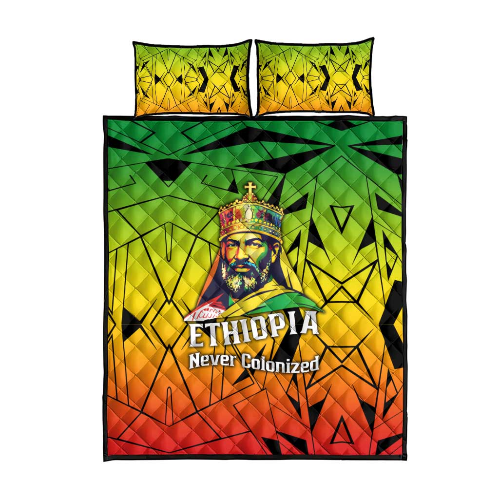 Menelik II Quilt Bed Set with Crowned Portrait, Ethiopia Never Colonized Text and Pan-African Abstract - African Pride