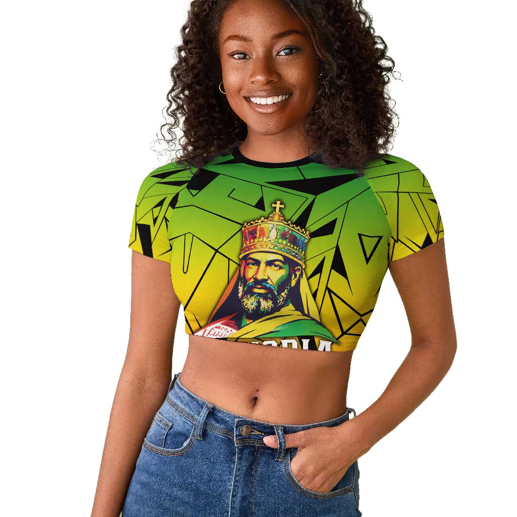 Menelik II Raglan Cropped T shirt with Crowned Portrait, Ethiopia Never Colonized Text and Pan-African Abstract - African Pride
