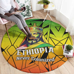 Menelik II Round Carpet with Crowned Portrait, Ethiopia Never Colonized Text and Pan-African Abstract - African Pride