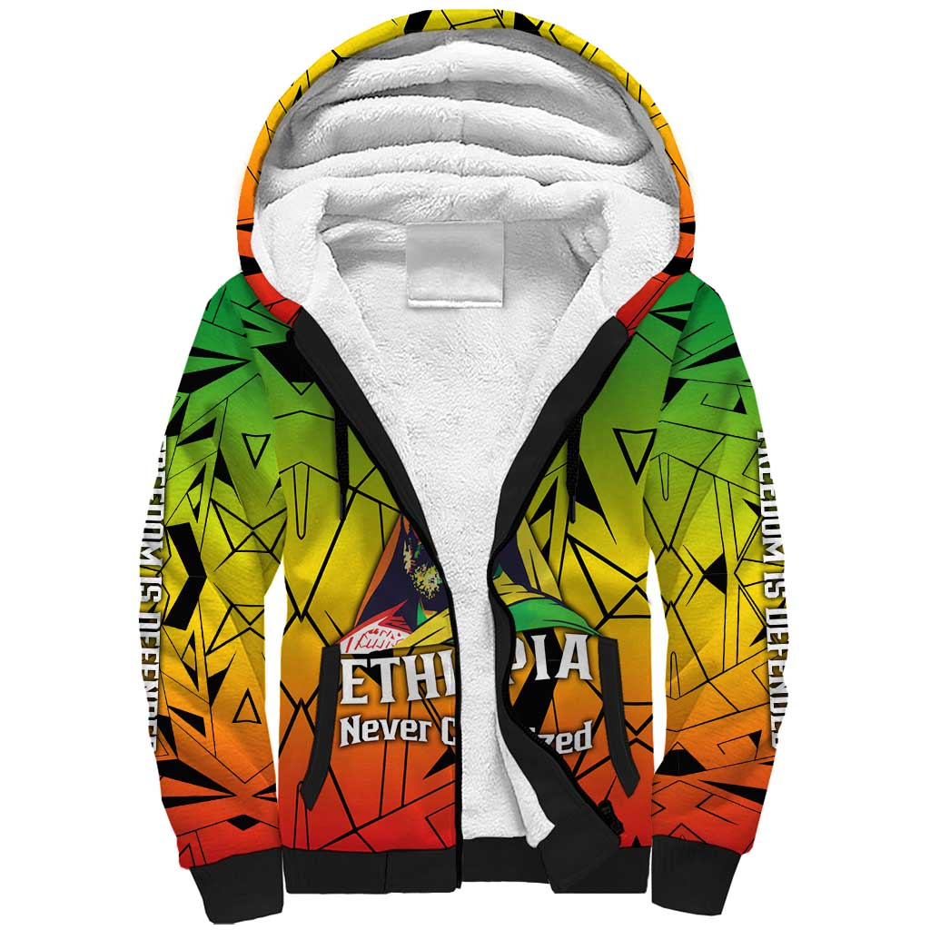 Menelik II Sherpa Hoodie with Crowned Portrait, Ethiopia Never Colonized Text and Pan-African Abstract - African Pride