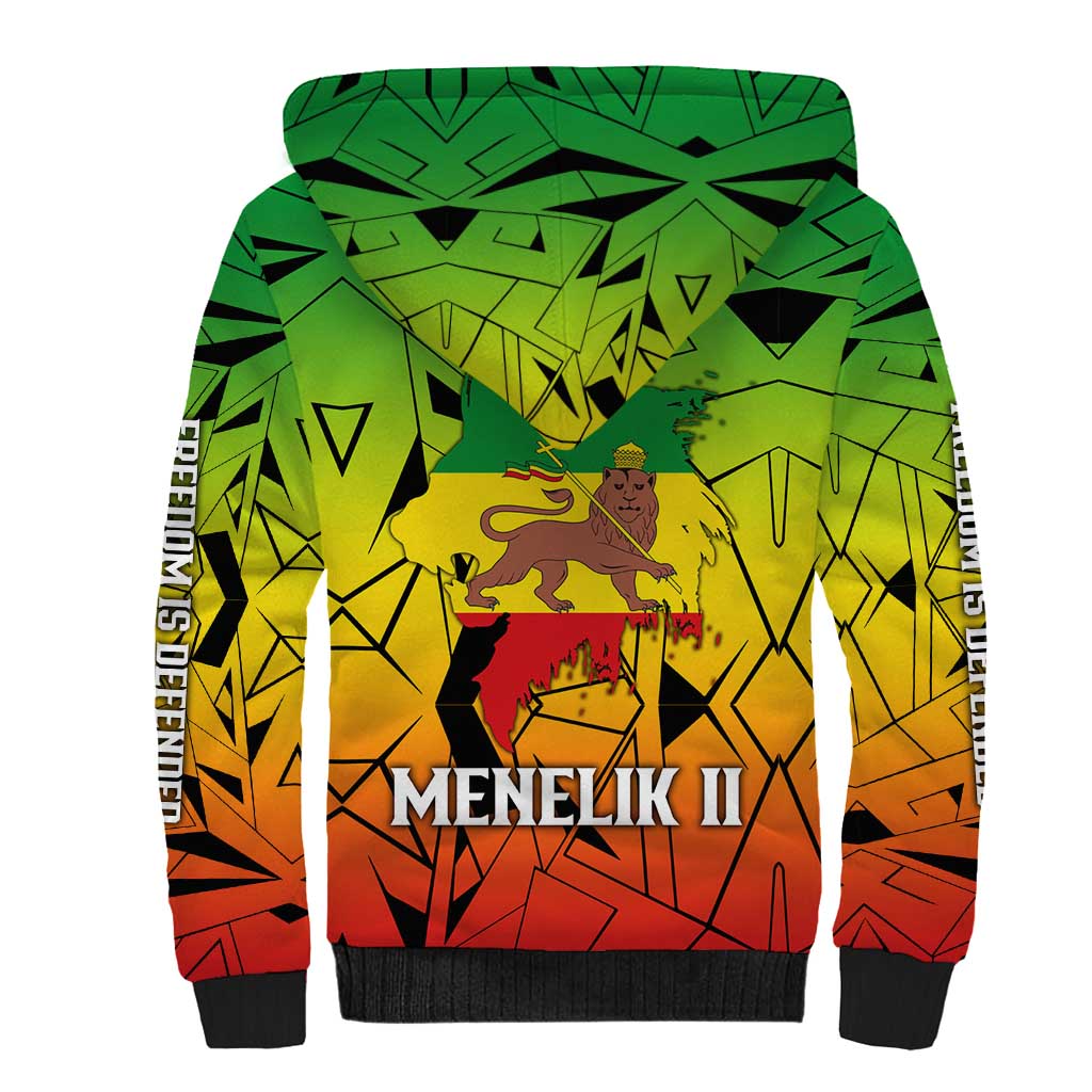 Menelik II Sherpa Hoodie with Crowned Portrait, Ethiopia Never Colonized Text and Pan-African Abstract - African Pride