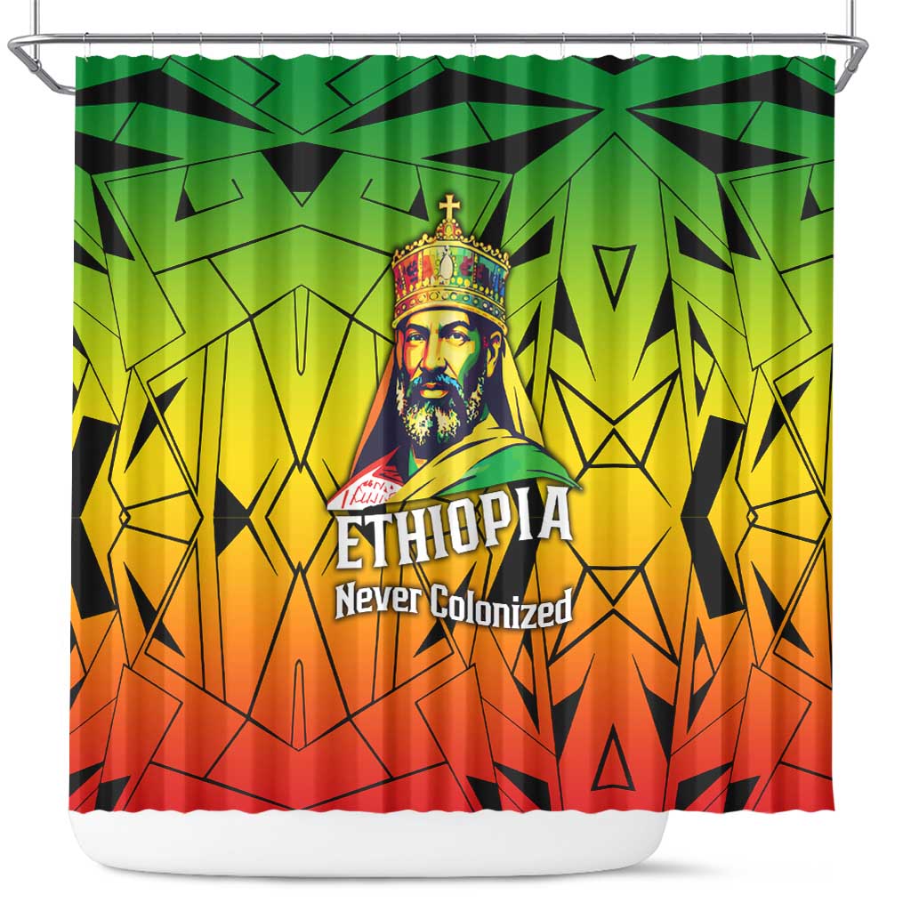 Menelik II Shower Curtain with Crowned Portrait, Ethiopia Never Colonized Text and Pan-African Abstract - African Pride
