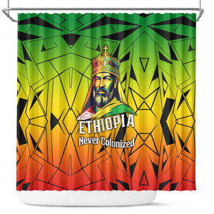 Menelik II Shower Curtain with Crowned Portrait, Ethiopia Never Colonized Text and Pan-African Abstract - African Pride