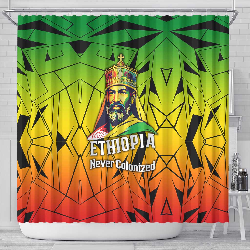 Menelik II Shower Curtain with Crowned Portrait, Ethiopia Never Colonized Text and Pan-African Abstract - African Pride