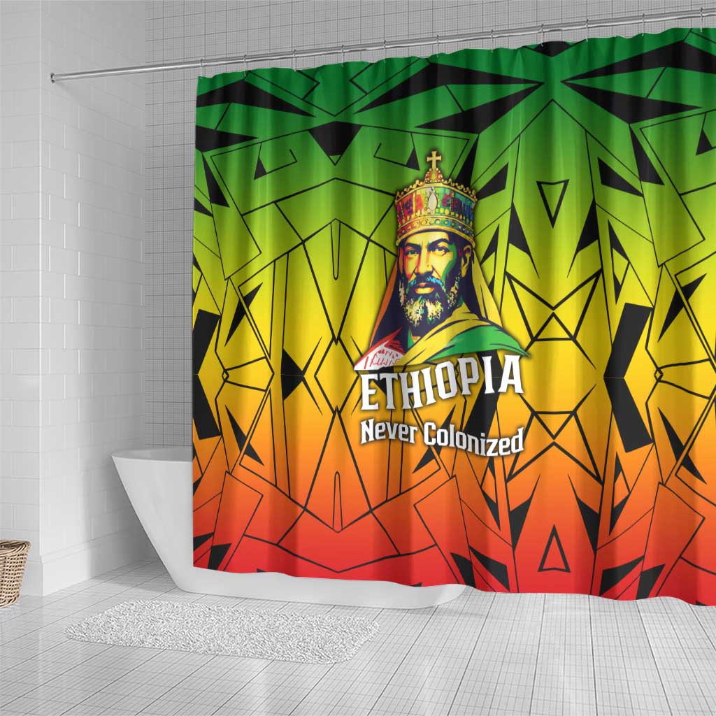 Menelik II Shower Curtain with Crowned Portrait, Ethiopia Never Colonized Text and Pan-African Abstract - African Pride
