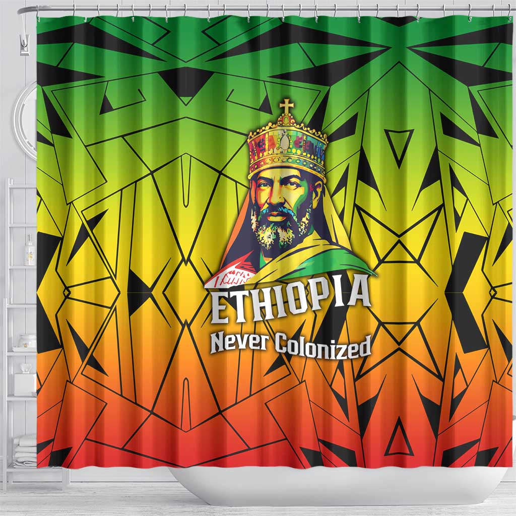 Menelik II Shower Curtain with Crowned Portrait, Ethiopia Never Colonized Text and Pan-African Abstract - African Pride