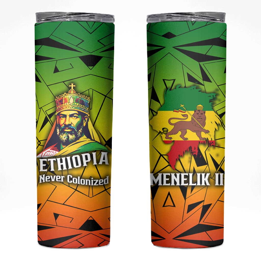 Menelik II Skinny Tumbler with Crowned Portrait, Ethiopia Never Colonized Text and Pan-African Abstract - African Pride