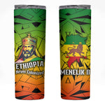 Menelik II Skinny Tumbler with Crowned Portrait, Ethiopia Never Colonized Text and Pan-African Abstract - African Pride