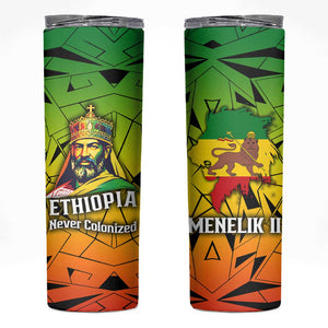 Menelik II Skinny Tumbler with Crowned Portrait, Ethiopia Never Colonized Text and Pan-African Abstract - African Pride
