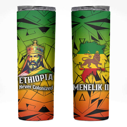 Menelik II Skinny Tumbler with Crowned Portrait, Ethiopia Never Colonized Text and Pan-African Abstract - African Pride