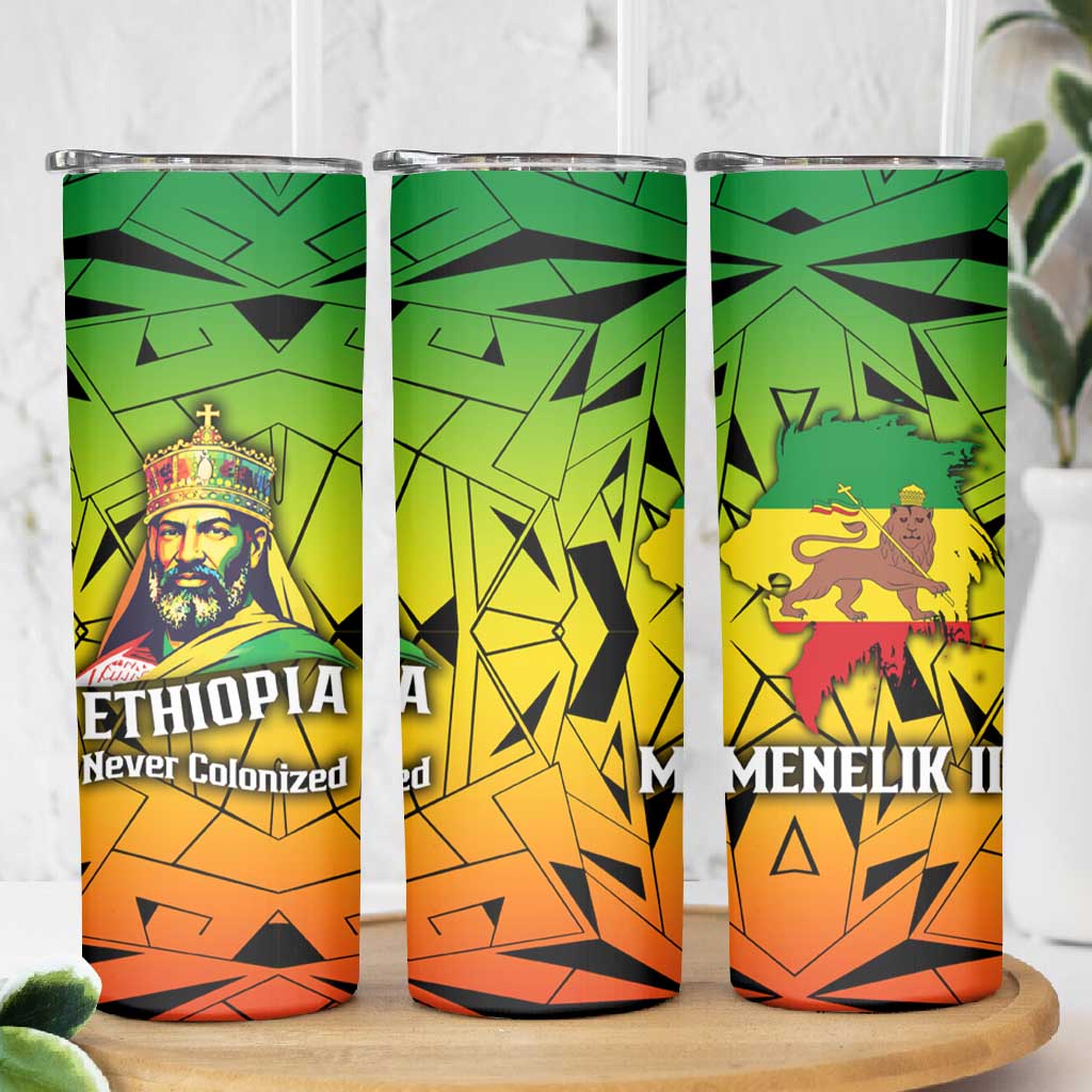 Menelik II Skinny Tumbler with Crowned Portrait, Ethiopia Never Colonized Text and Pan-African Abstract - African Pride