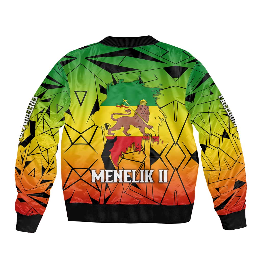 Menelik II Sleeve Zip Bomber Jacket with Crowned Portrait, Ethiopia Never Colonized Text and Pan-African Abstract - African Pride