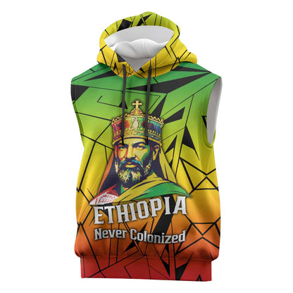 Menelik II Sleeveless Hoodie with Crowned Portrait, Ethiopia Never Colonized Text and Pan-African Abstract - African Pride